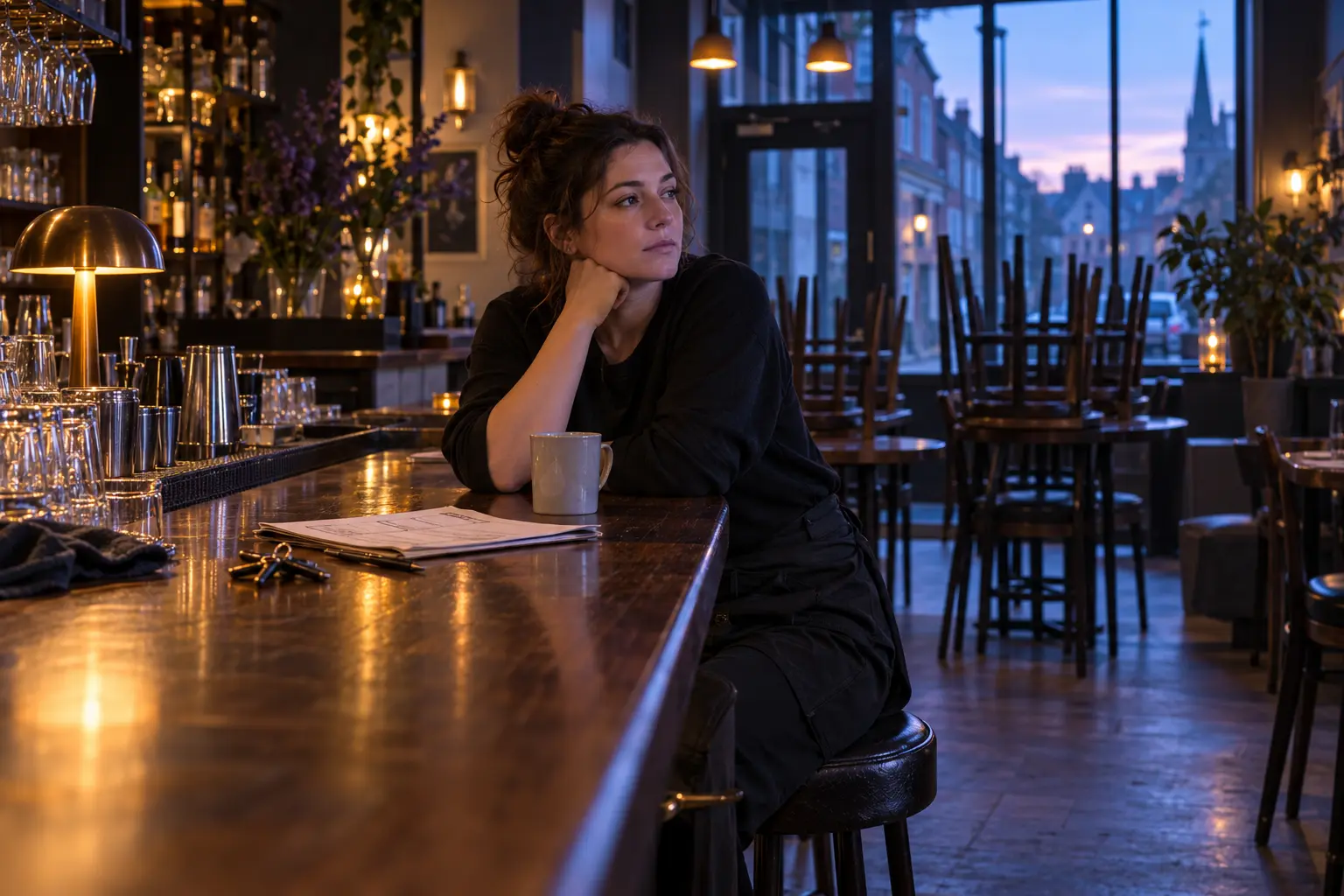A hospitality supervisor taking a quiet moment after closing while dawn begins outside