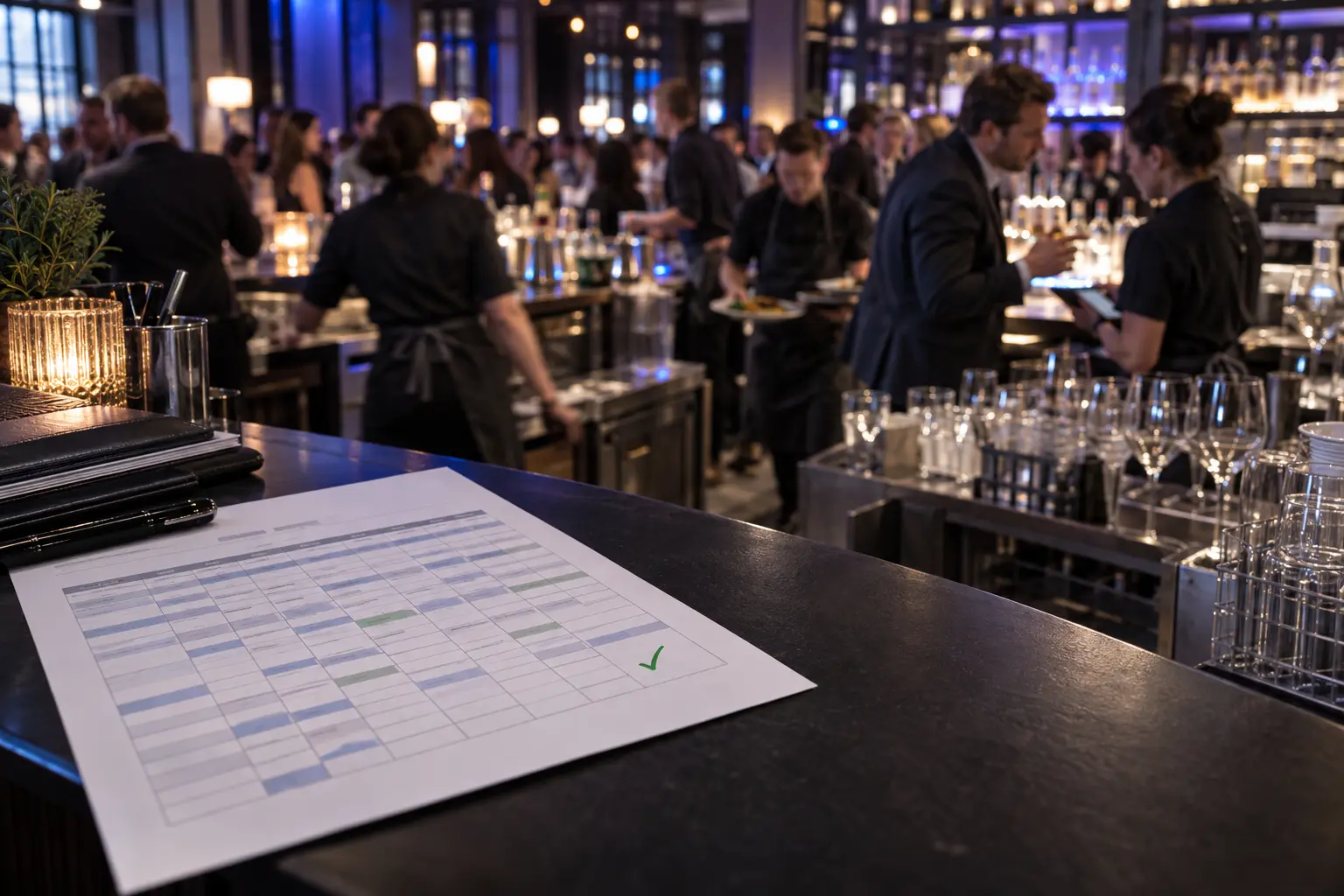 A printed rota marked with a green tick in the foreground of a pressured bar service