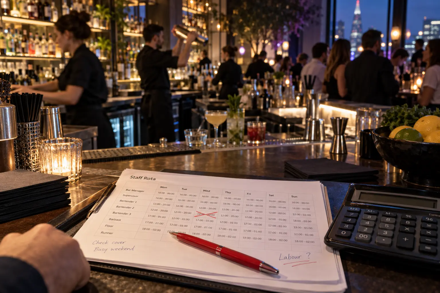 A hospitality rota, calculator and red pen in front of a busy cocktail bar