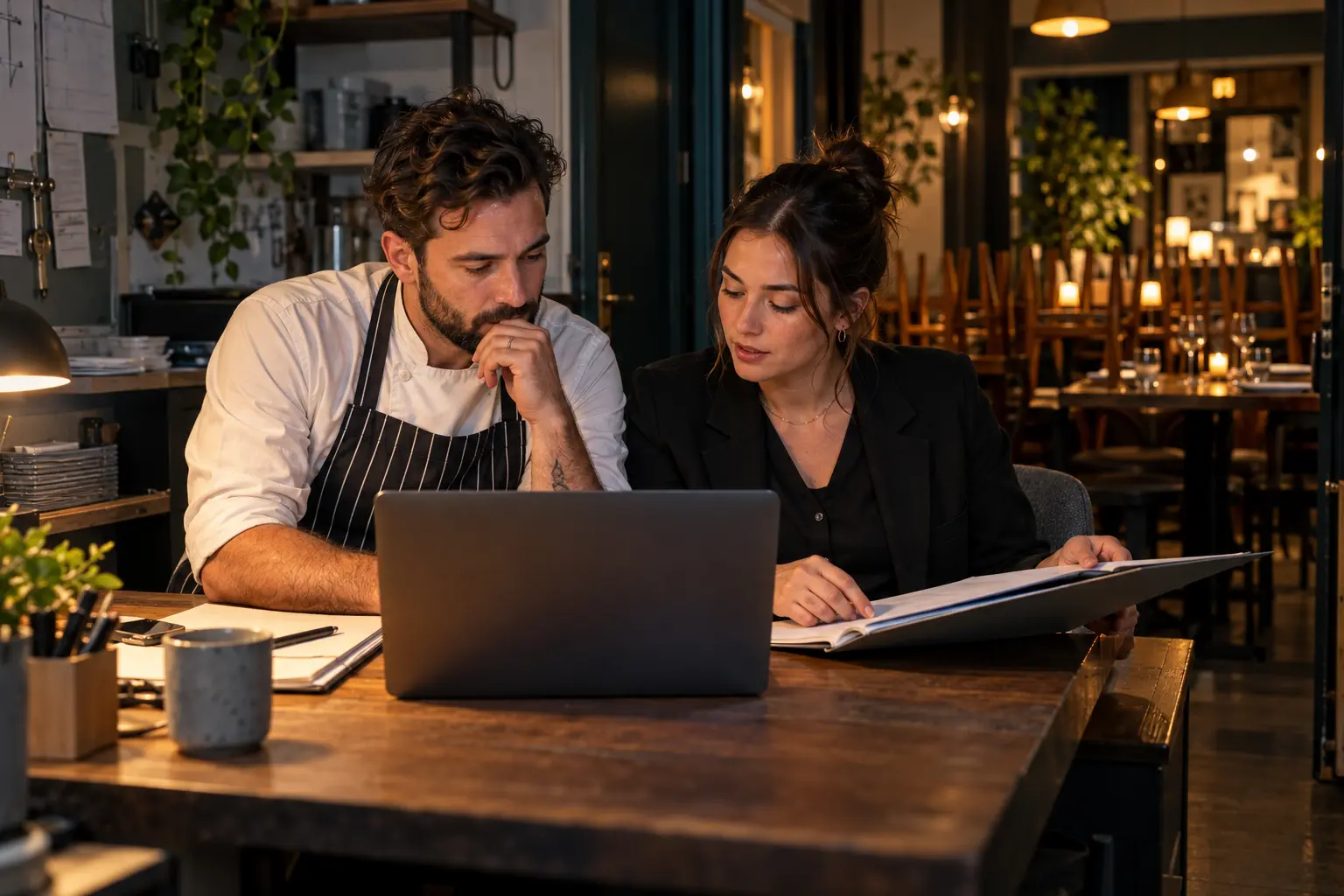 A restaurant manager and people manager reviewing workplace records together after service.