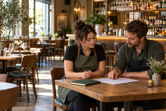A hospitality manager and team member calmly reviewing a rota together before service.