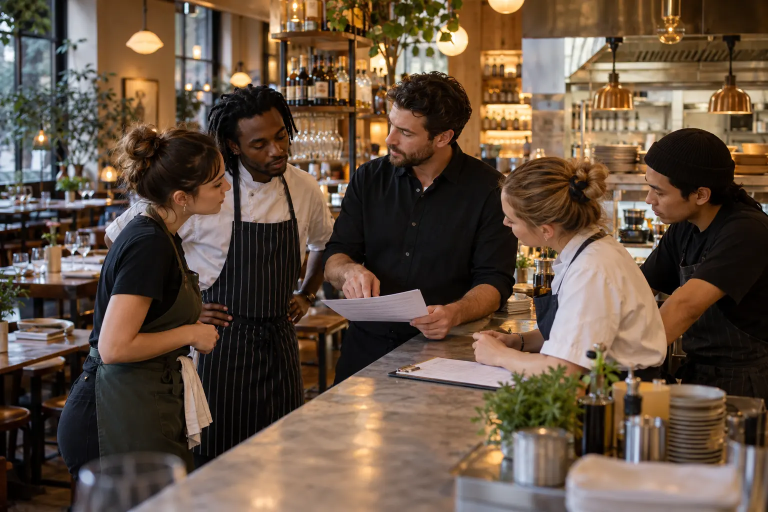 A restaurant manager discussing a written policy with a diverse hospitality team before service.
