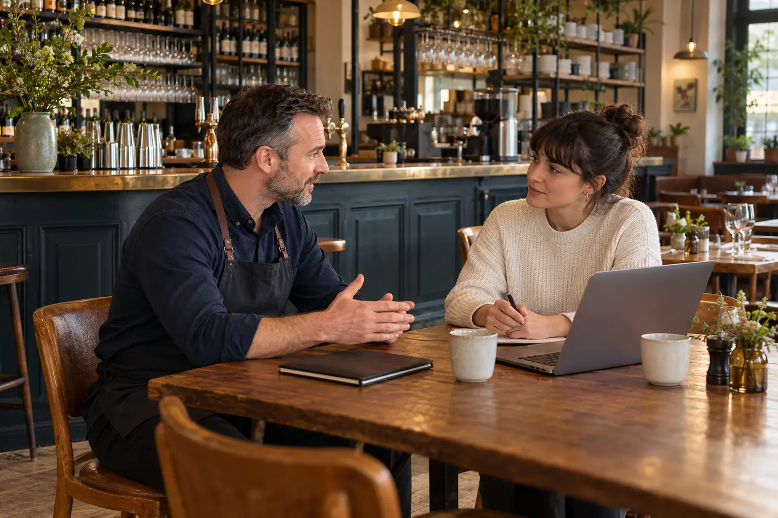 A hospitality manager and employee representative discussing workplace access arrangements before service.