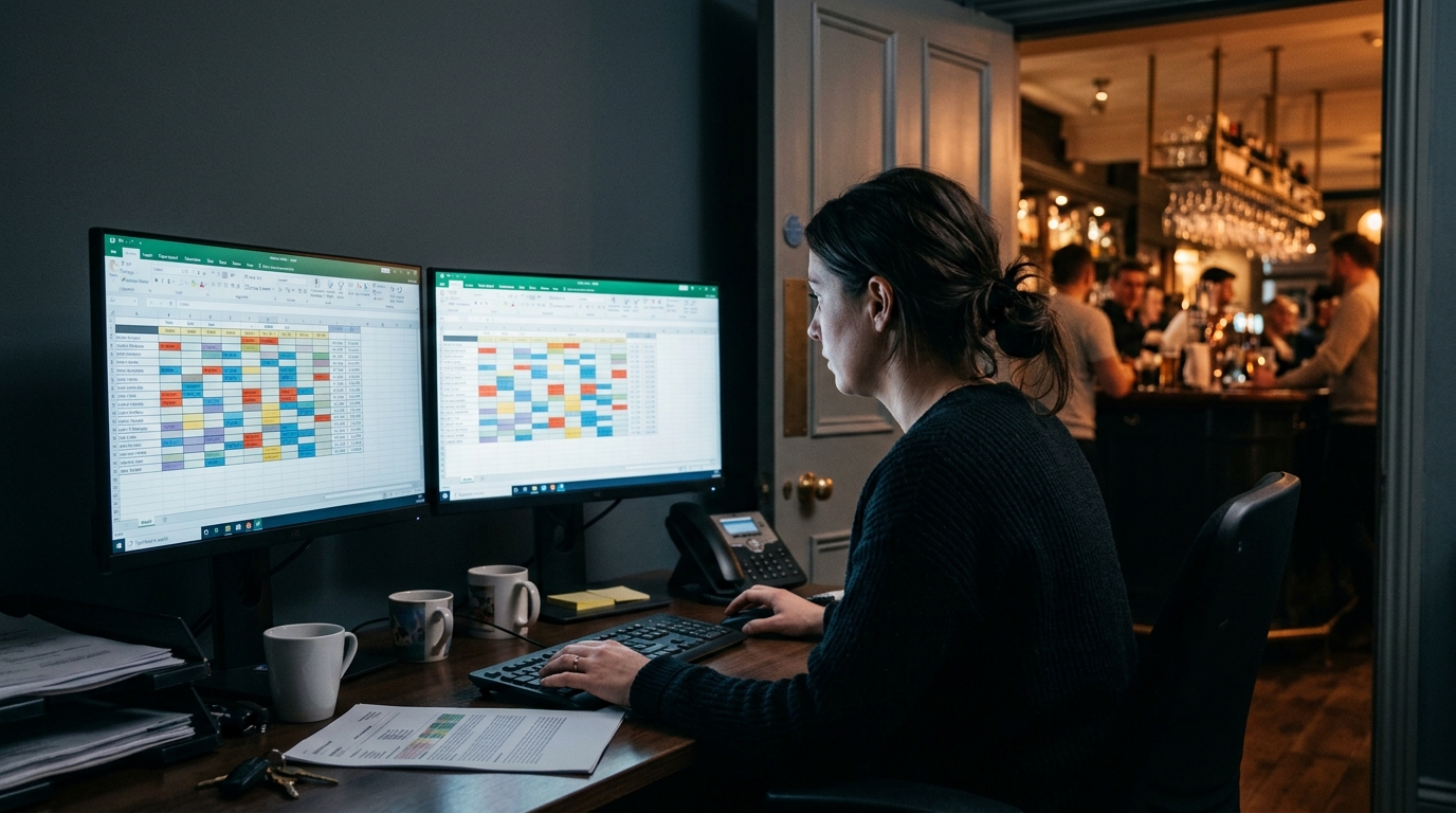 A hospitality manager copies the same weekly rota between two computer systems while a busy bar operates behind them