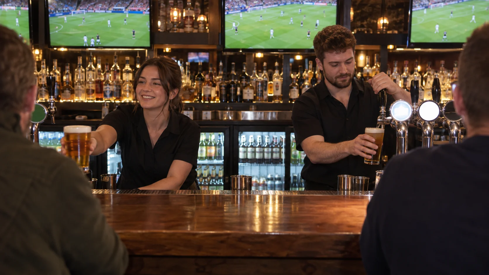 Bar staff serve a busy football crowd in a contemporary sports bar